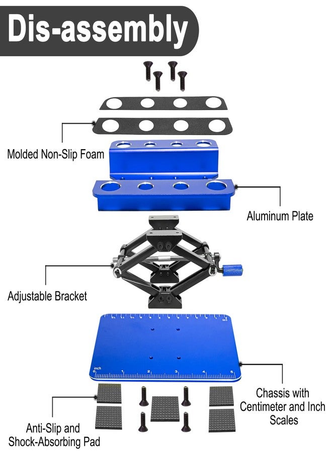 LRFHL RC Car Stand Aluminum Repair Workstation for 1/8 1/10 1/12 1/16 Traxxas TRX4 Axial Arrma Redcat Crawler Monster Truck Buggy, RC Car Repair Work Stand 360 Degree Rotation Lift Lower Tool Kit (Blue) - Image 5